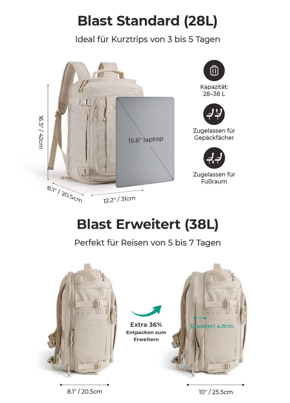 Blast Reiserucksack Größetabelle - Vor und nach der Erweiterung -M