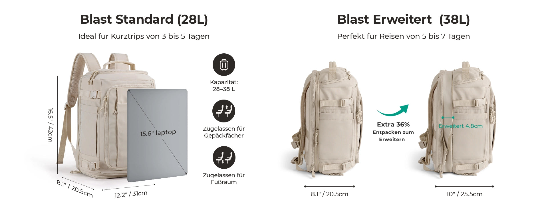 Blast Reiserucksack Größetabelle - Vor und nach der Erweiterung -PC