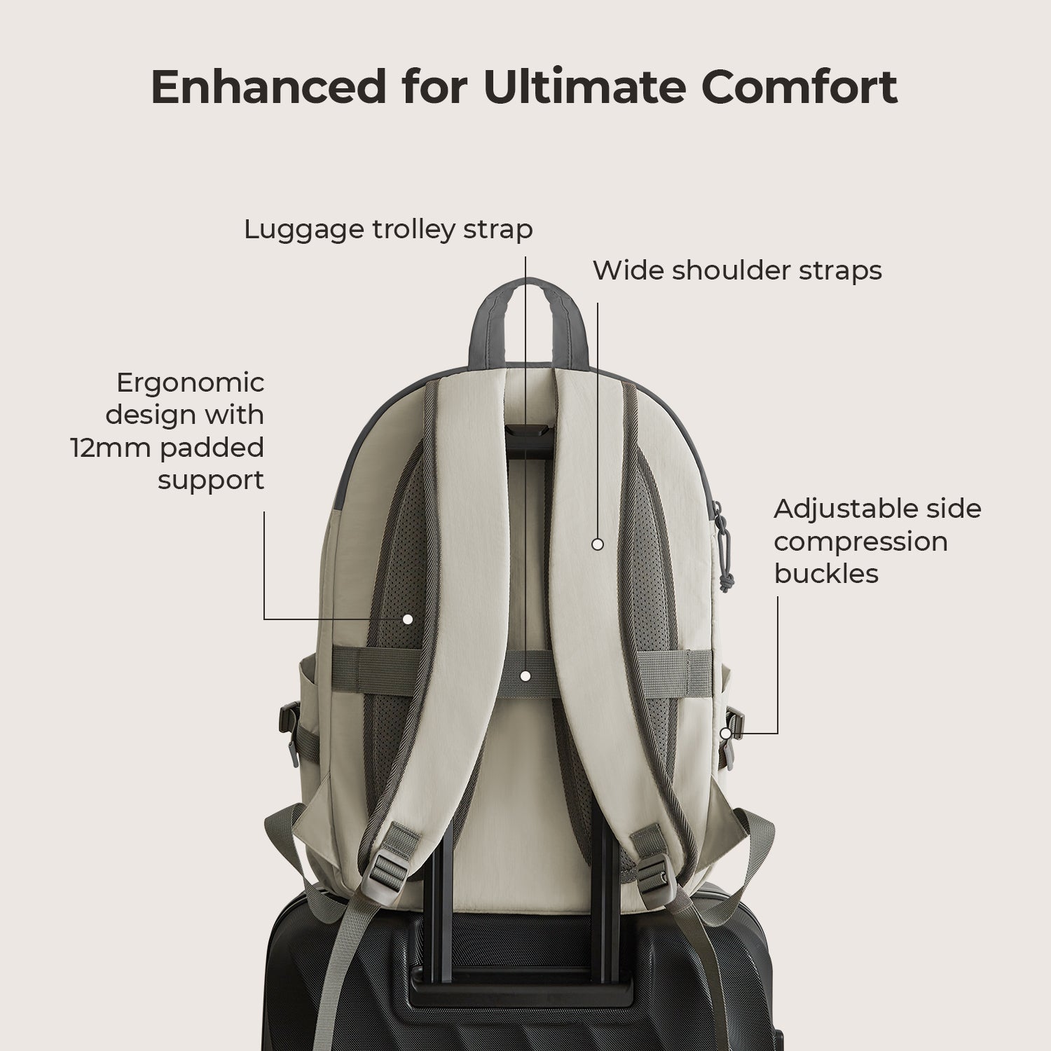 Soar_25L_Clamshell_travel_Backpack_Set_gray_with_Luggage_Trolley_strap  gray